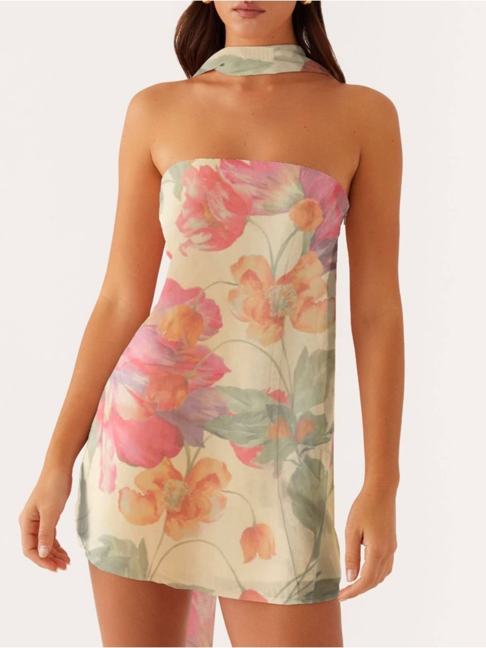 Rosa Clothing Yellow Scarf Neck Strapless Tube Floral Chiffon Mini Dress